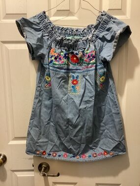 Karlie Light Blue Embroidered Denim Top with Multicolor Accents